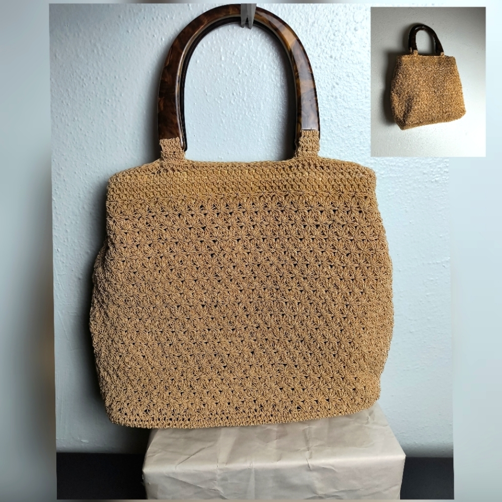 Liz Claiborne Vintage Y2K Safari Satchel Handbags Woven Pearlesca Handles Tan